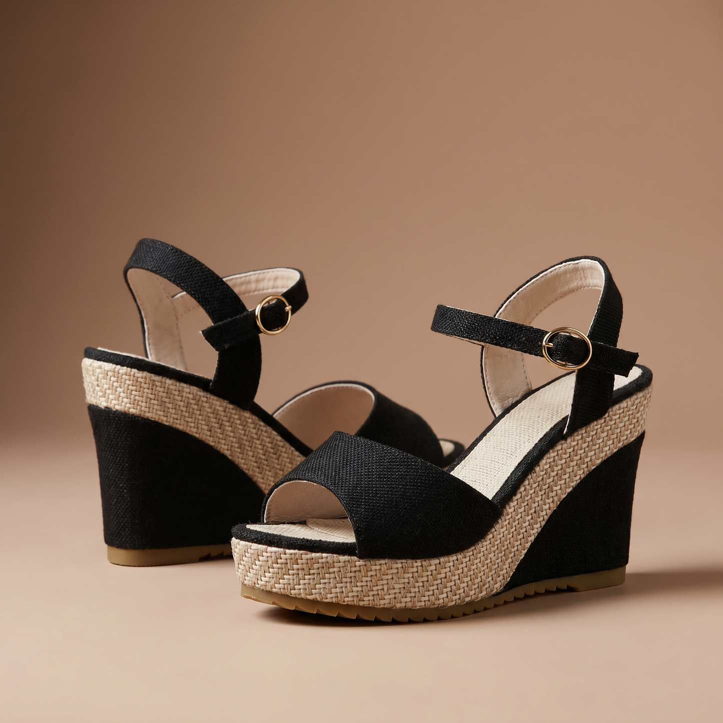 Beautiful women's chic wedge heels, featuring a supportive ankle strap for comfortable, elegant style.