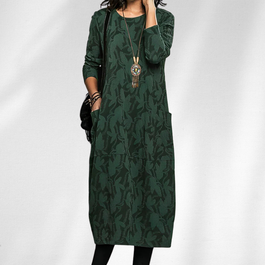 Chic Women's Winter Crewneck Long Sleeve Midi Dress, perfect for elegant casual everyday wear & fall fashion.