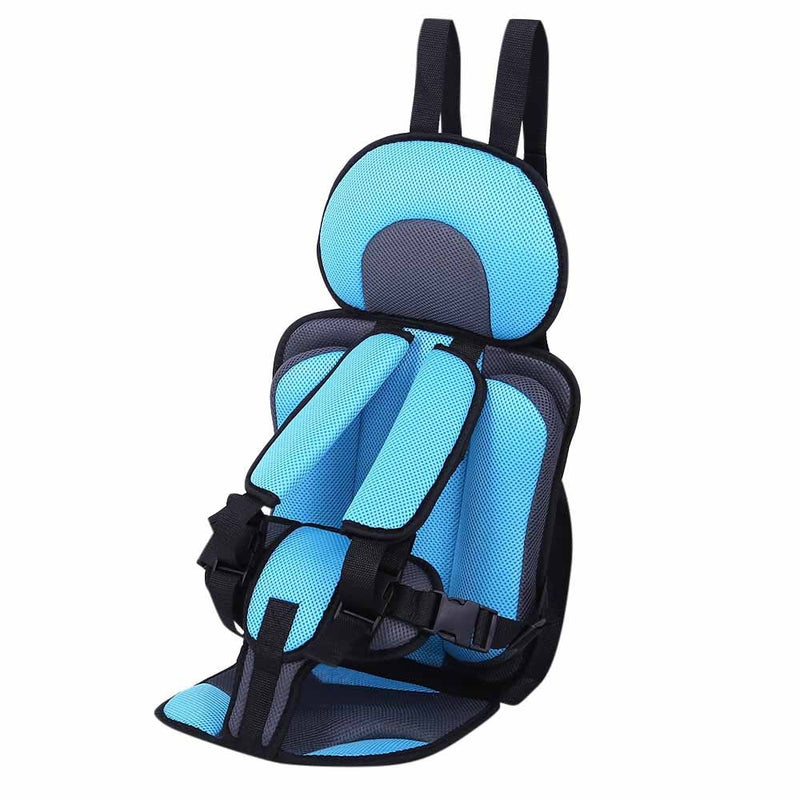 Grey child car seat booster with an easy-clean cover and reliable safety harness for children.
