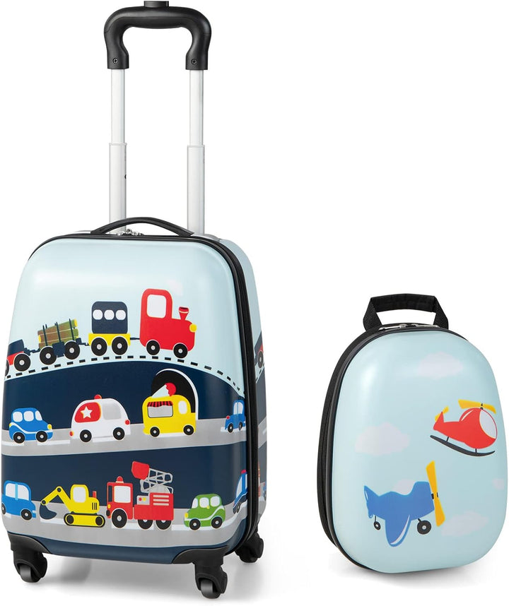 Children's 2-piece hardshell luggage & backpack set with helicopter design & 360° spinner wheels.
