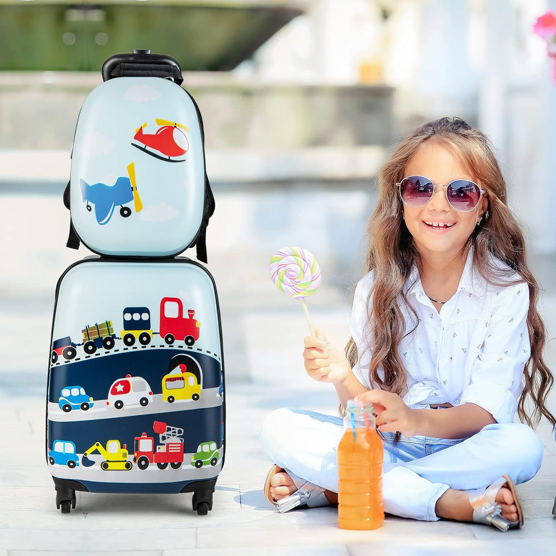 Vibrant helicopter-themed hardshell luggage and matching travel backpack for kids' vacation essentials.