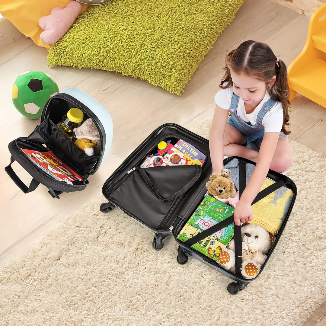 Durable children's hardshell luggage set with helicopter print, 360° spinner wheels & school backpack.