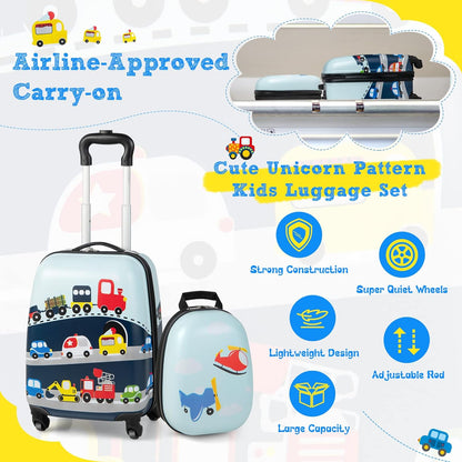 Kids' helicopter hardshell luggage and backpack set, ideal for travel adventures, vacations & school trips.