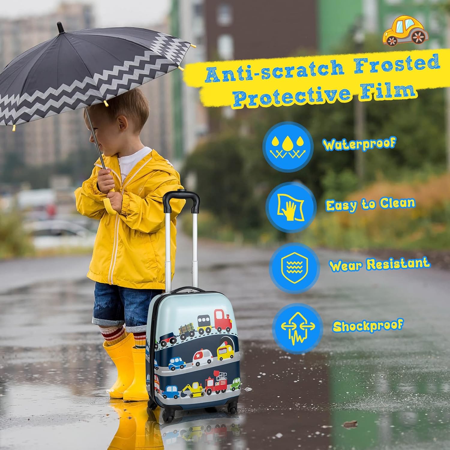 Junior traveler's helicopter luggage set: a 2-piece hardshell suitcase & backpack for easy packing.