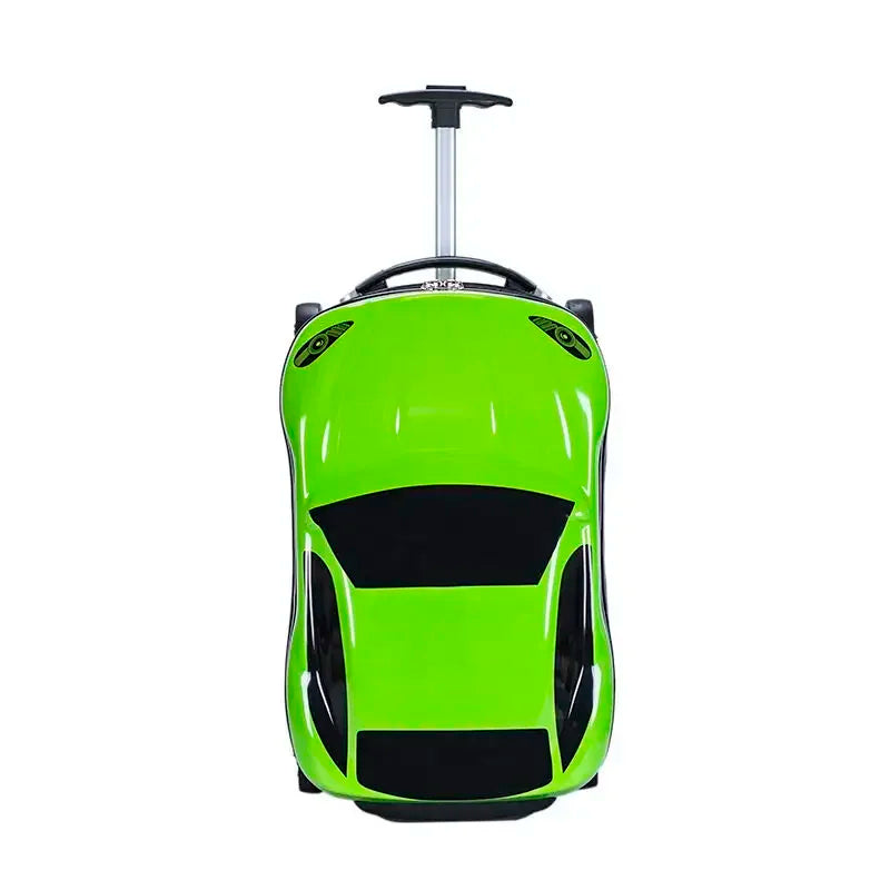 Open 3D car design children's ride-on suitcase 'Turin' showing spacious interior for toys and clothes.