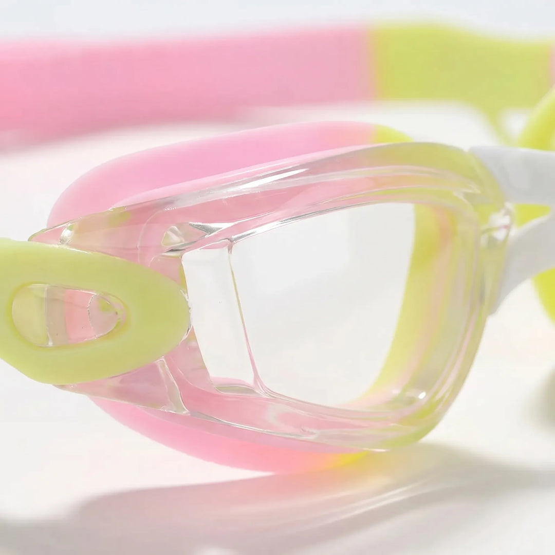 Clear vision anti-fog swim goggles with earplugs, ideal for children learning to swim & enjoying water activities.