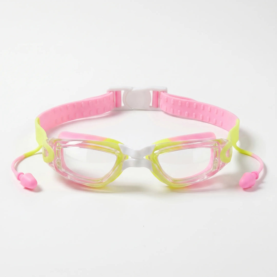 Colorful anti-fog junior swim goggles with integrated earplugs, designed for fun and safe kids' pool accessories.