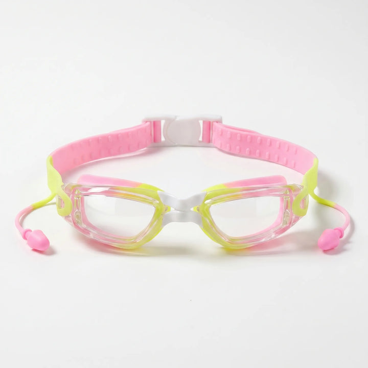Colorful anti-fog junior swim goggles with integrated earplugs, designed for fun and safe kids' pool accessories.