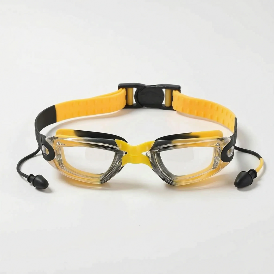 Durable anti-fog children's swim goggles with soft earplugs, designed for comfortable junior water activities & learning.