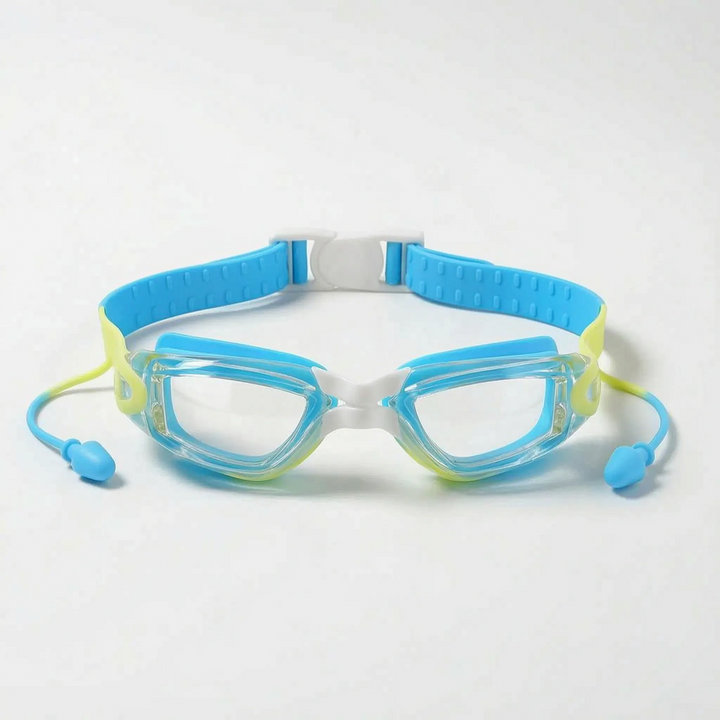 Bright anti-fog children's swim goggles with earplugs, ideal for kids' swimming lessons, water play & protection.