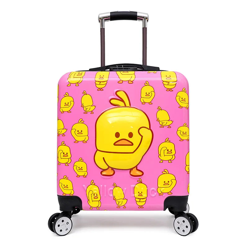 Brightly colored hard-shell children's rolling suitcase with a charming animal pattern. Ideal kids travel gear.