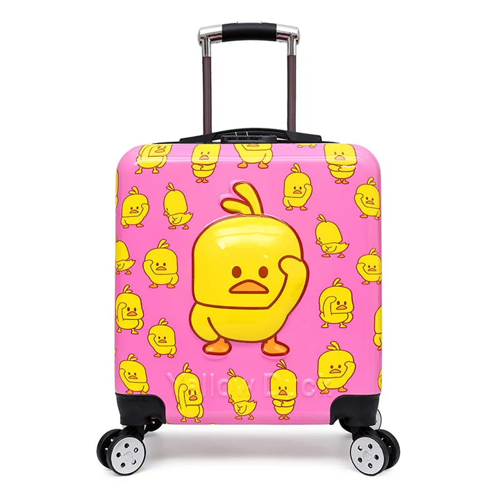 Brightly colored hard-shell children's rolling suitcase with a charming animal pattern. Ideal kids travel gear.
