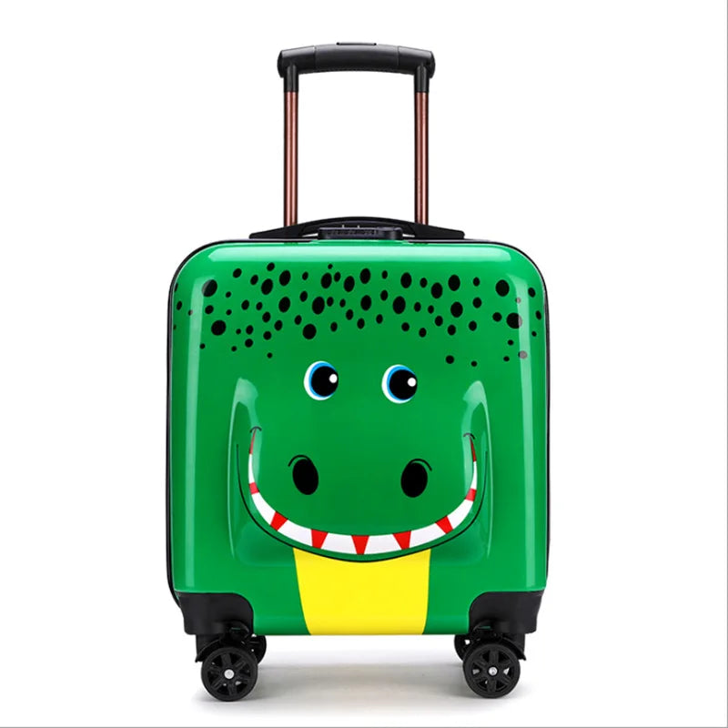 Assortment of fun animal design hard-shell rolling suitcases. Vibrant kids luggage for boys & girls travel.