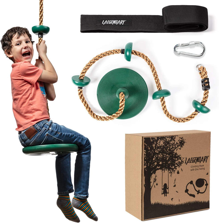 Kids outdoor tree swing set featuring a climbing rope, colorful platforms, and disc swing for playground fun.