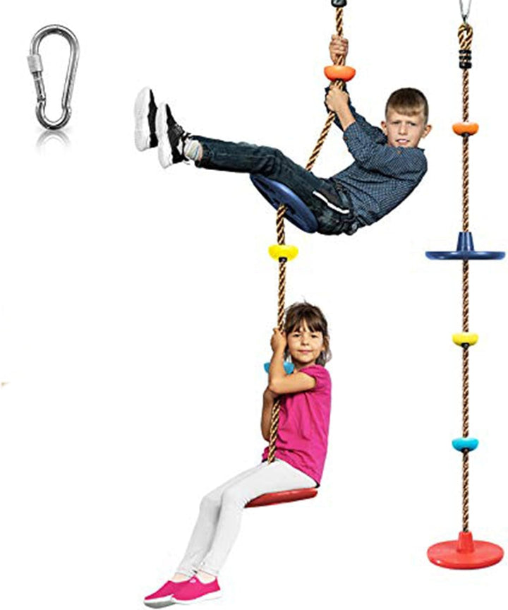 Complete children's outdoor playground: tree swing, climbing rope with platforms, and disc swing for active kids.