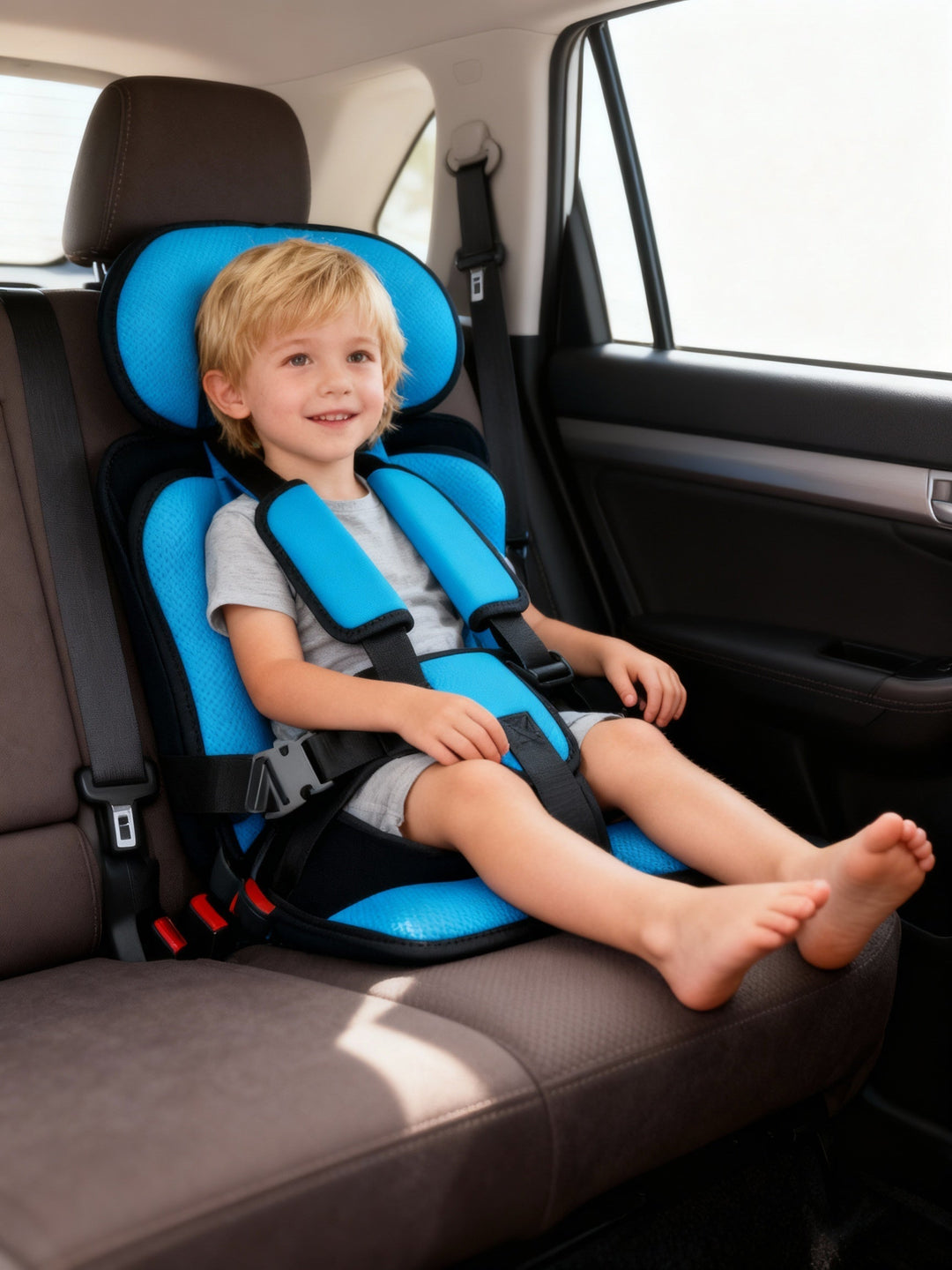 Children's portable travel car seat booster with 5-point safety harness for toddler car safety.