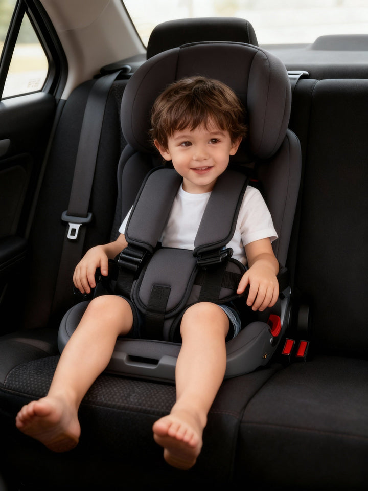 Essential children's gear: portable travel car seat booster with safety harness for safe kids road trips.