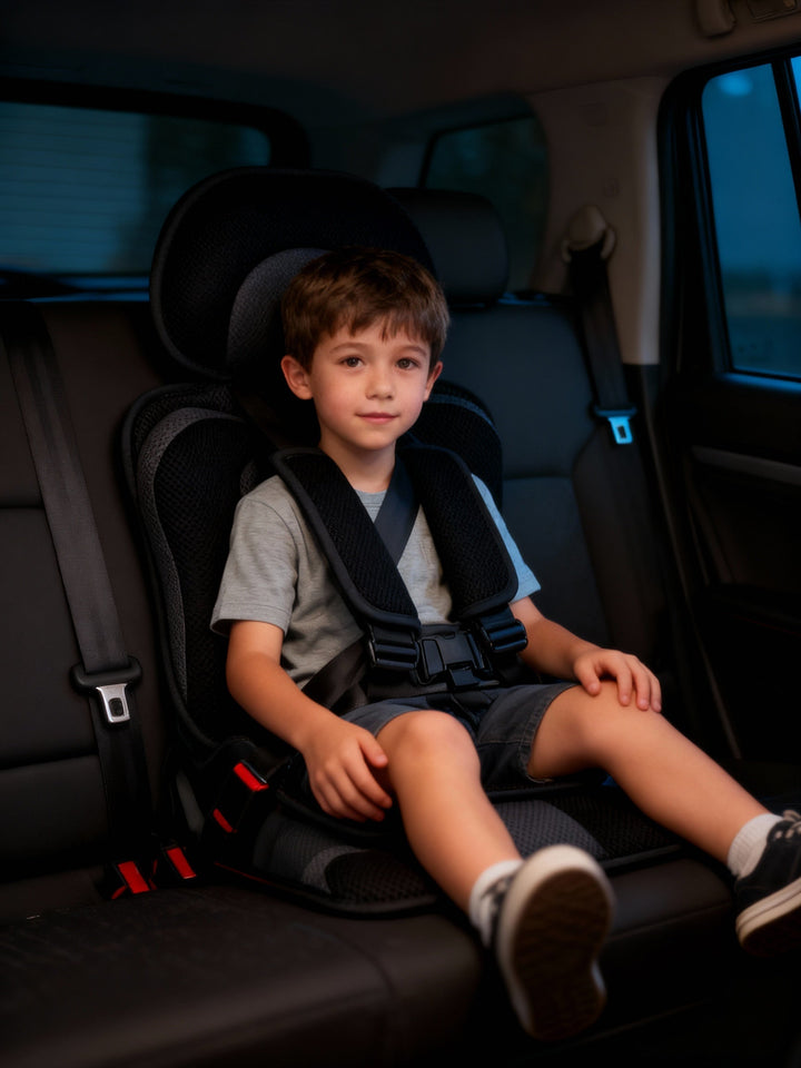 Safety booster seat for children, a portable car accessory with a secure child harness system.