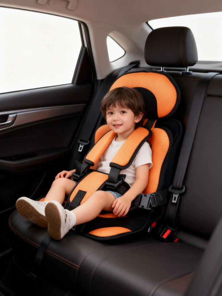 Adjustable child harness on a portable travel car seat booster for enhanced toddler safety & comfort.