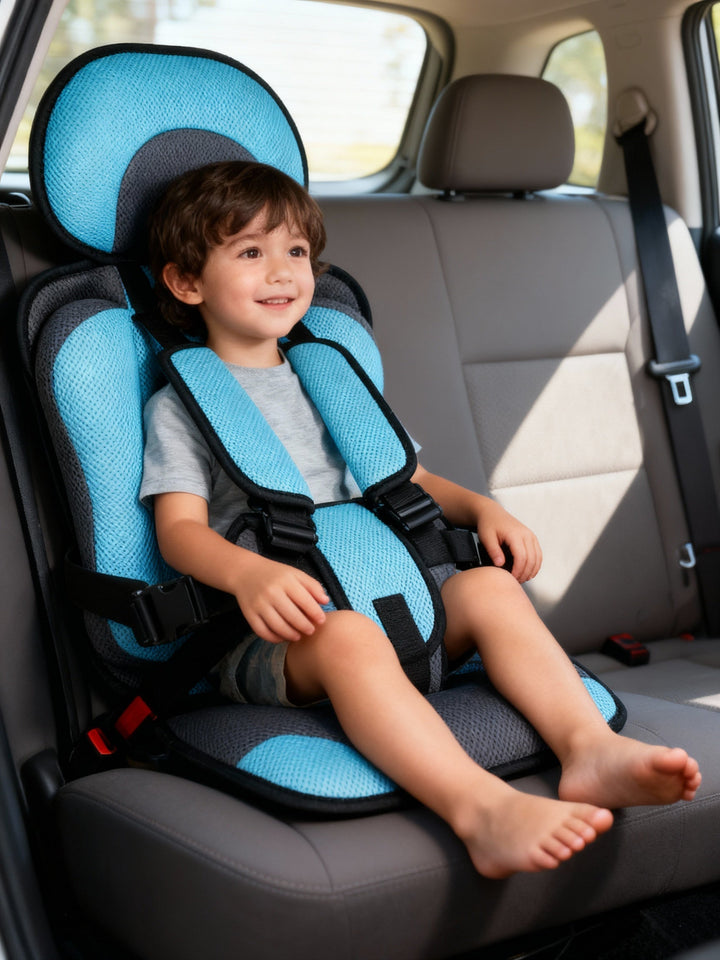 Front view of children's portable travel car seat booster with safety harness and padded comfort.