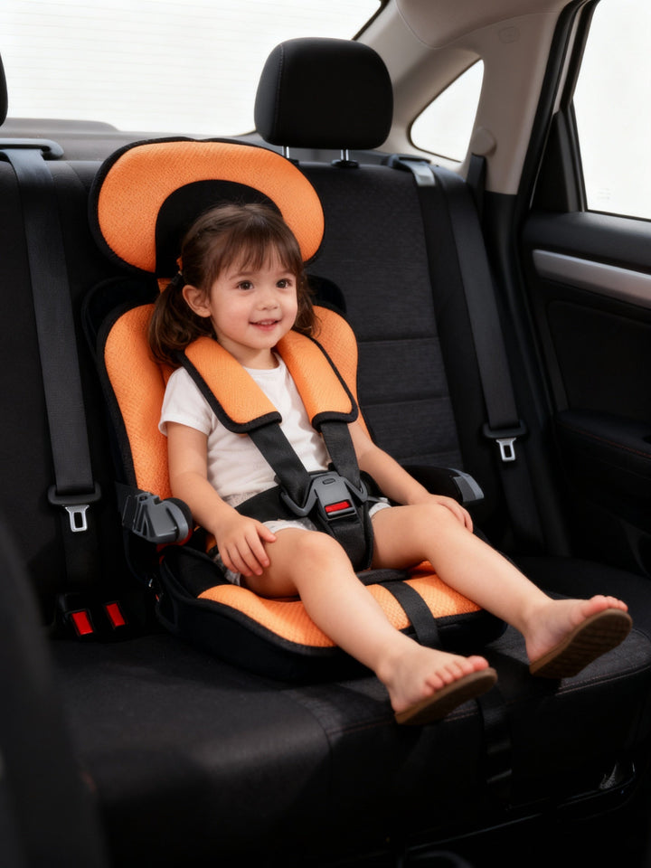 Portable travel car seat booster unfolded and ready for safe child transport and family adventures.