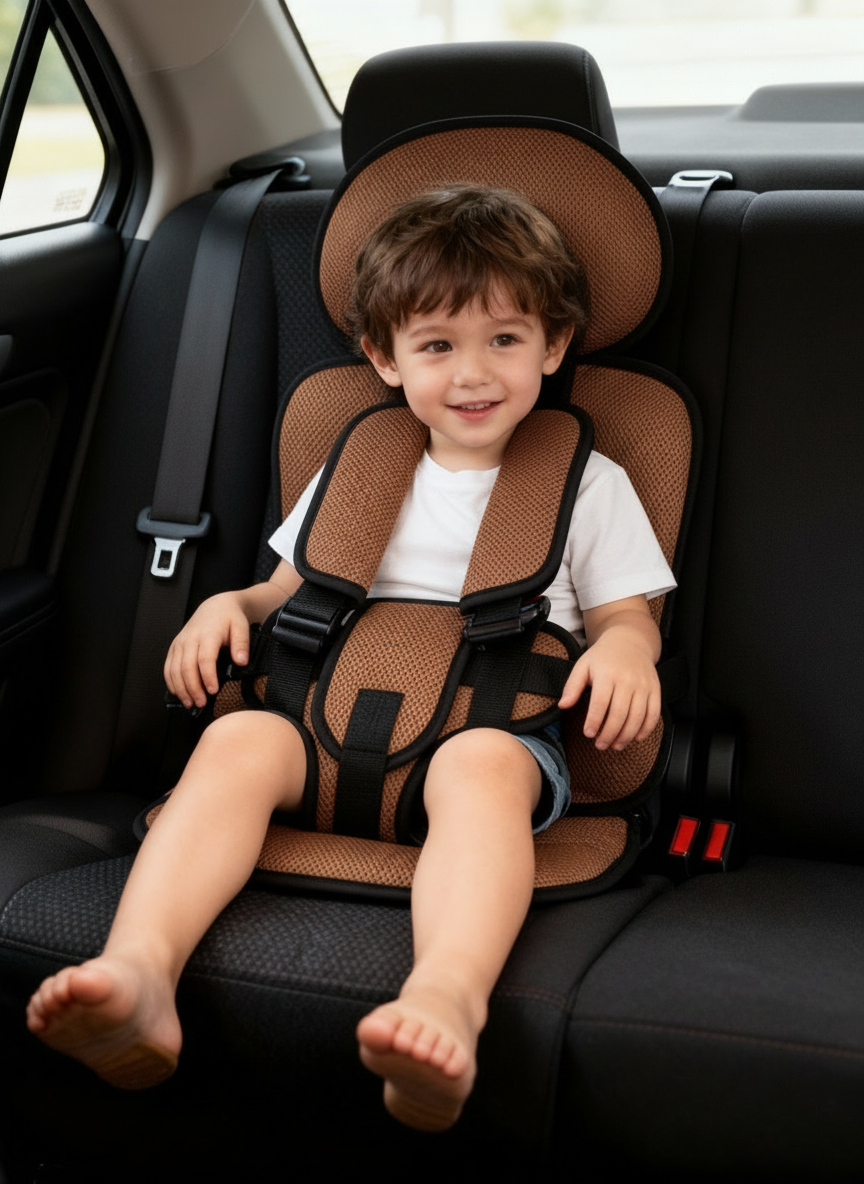 Compact children's booster seat, folded for easy portability & storage, great for travel.