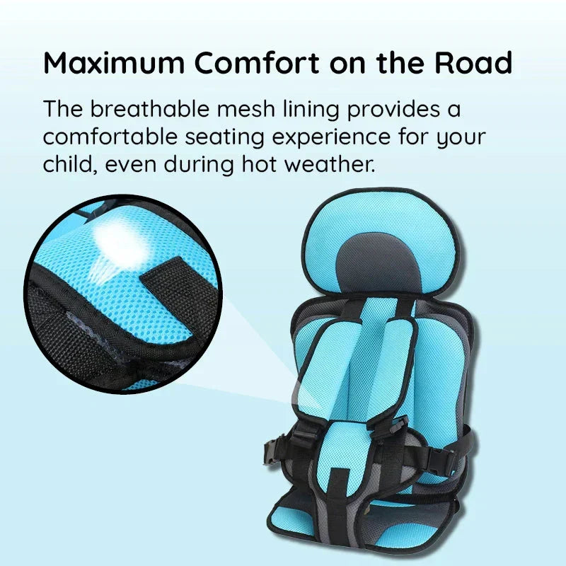 Toddler safety portable car seat booster with secure 5-point child harness for safe journeys.