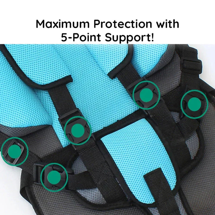 Durable portable travel car seat booster with adjustable safety harness for active toddlers.
