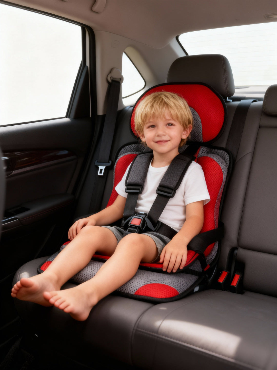 Compact foldable travel car seat booster, perfect for family road trips & carpooling safety.
