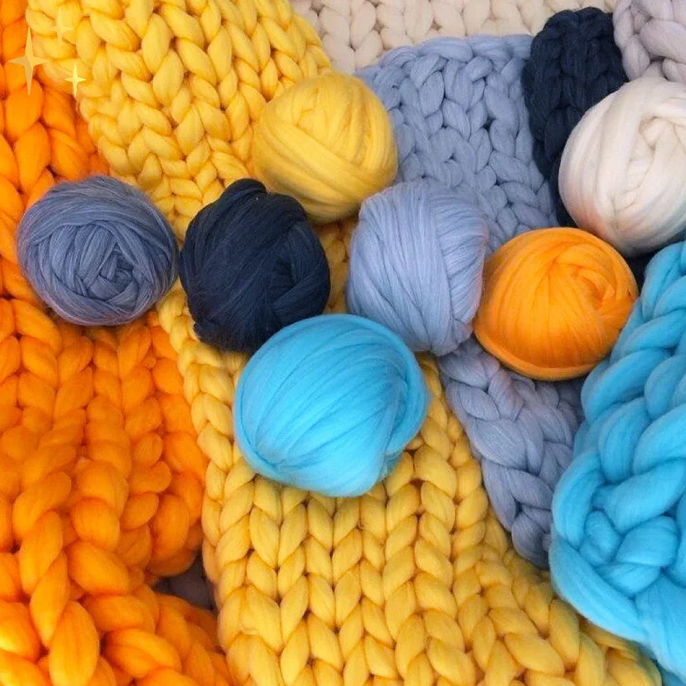 Crafting chunky wool yarn in various colors. Soft, cozy yarn for DIY blankets & home decor.