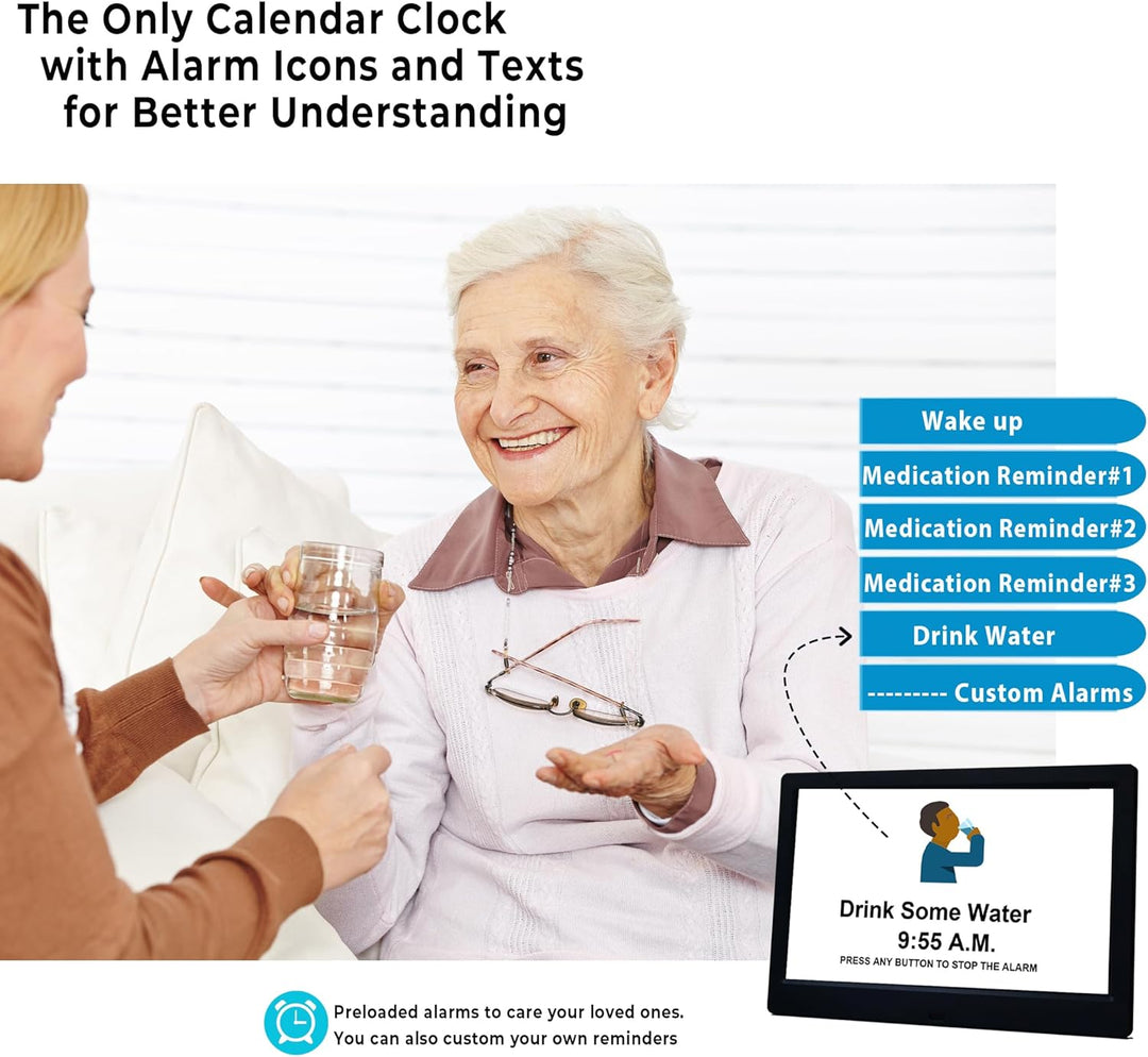 Claryon 11.5-inch digital day clock, offering 19 customizable reminders for senior care and daily structure.