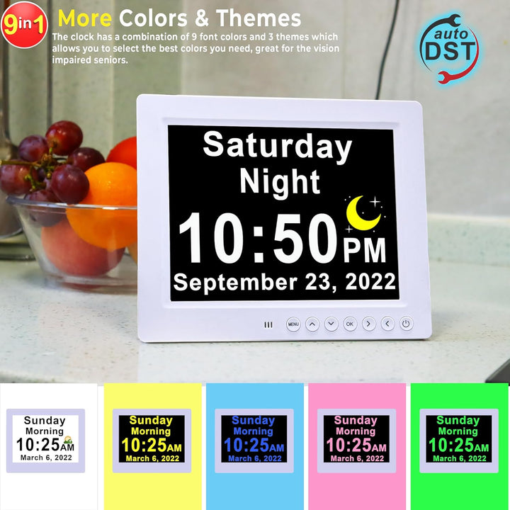 Simple 11.5" digital day clock for home organization, featuring easy-read display & 19 helpful daily alerts.