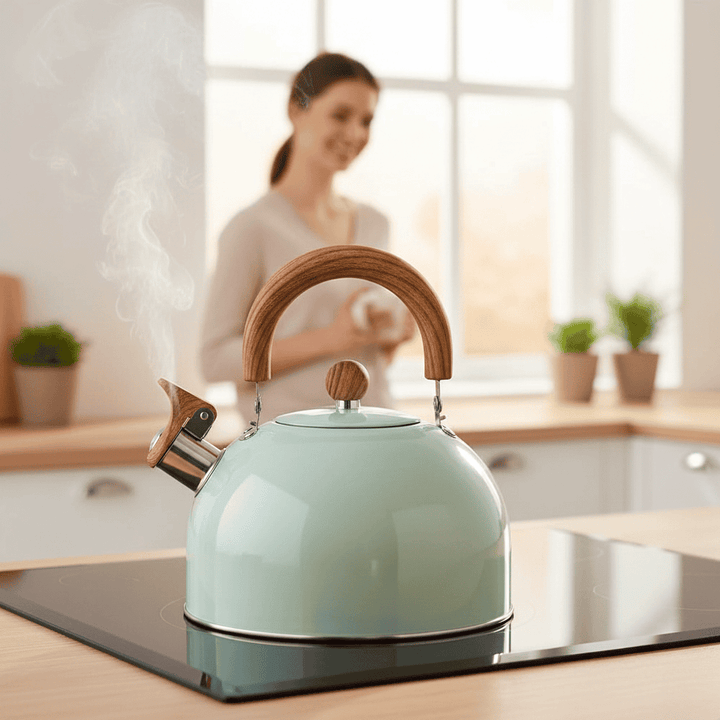 Elegant 3L whistling tea kettle with classic style. Durable stainless steel, quick heating for your kitchen stovetop.