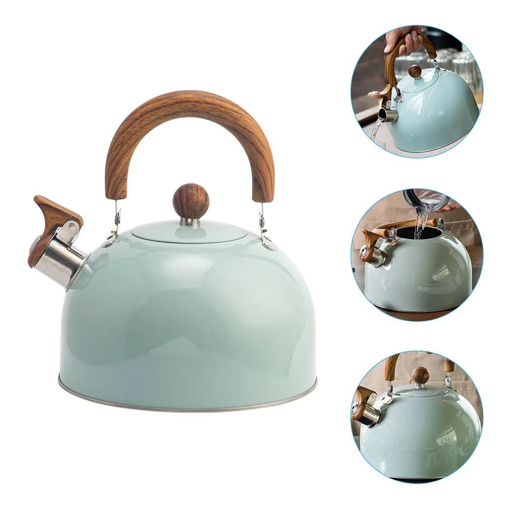 High-quality stainless steel 3L whistling kettle. Designed for quick heating on any stovetop. Classic kitchen style.