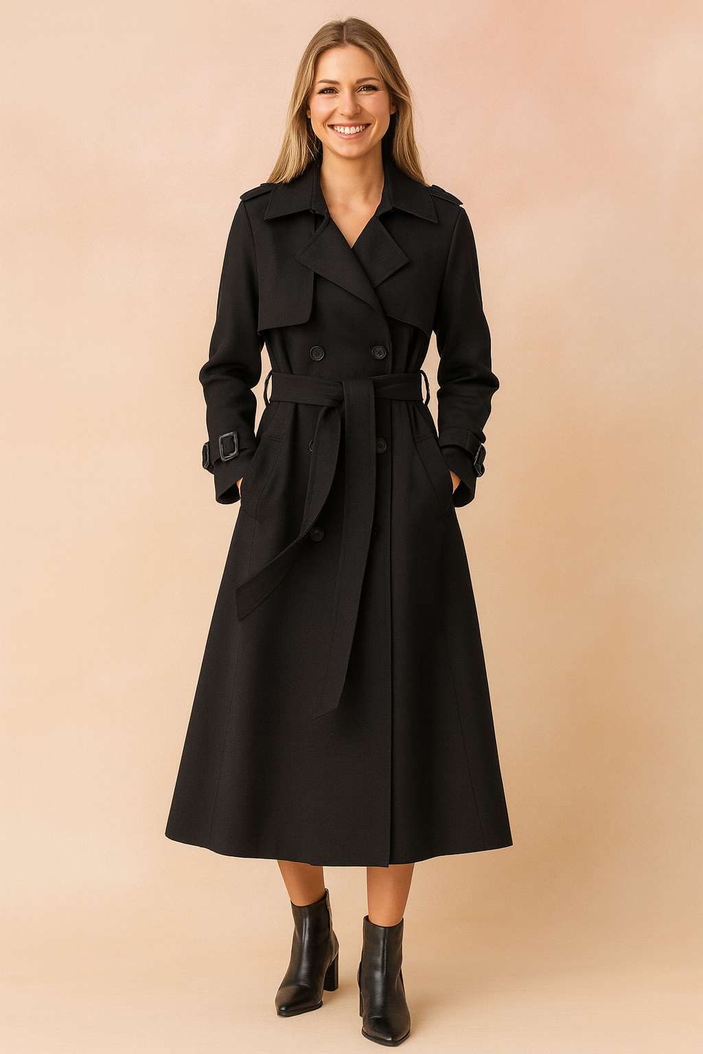 Classic belted trench coat for women with wide lapel, perfect for elegant work outerwear or casual fashion.