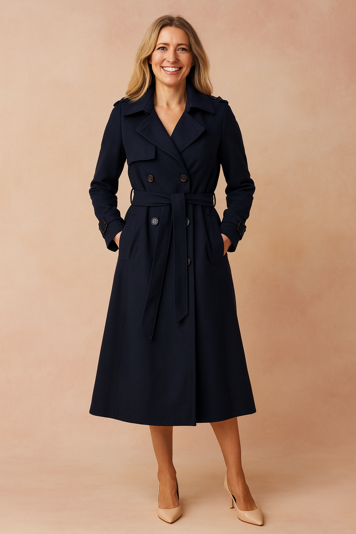 Stylish ladies belted trench coat featuring a wide lapel, a classic style perfect for any season outerwear.