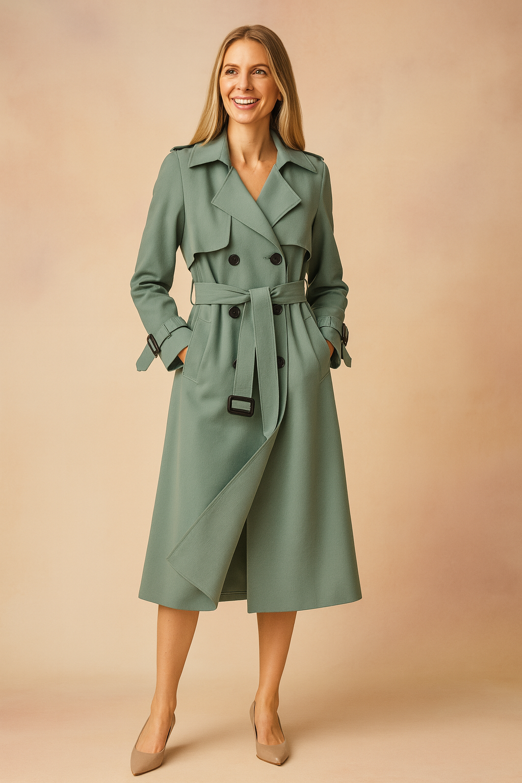 Versatile women's trench coat with wide lapel & belt, ideal work outerwear or chic casual jacket.