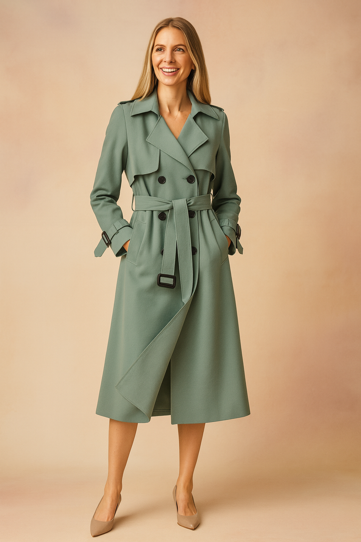 Versatile women's trench coat with wide lapel & belt, ideal work outerwear or chic casual jacket.