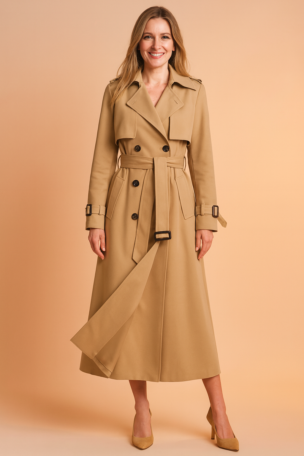 Timeless women's classic trench coat with wide lapel & belt, elegant fashion for ladies' spring & fall outerwear.