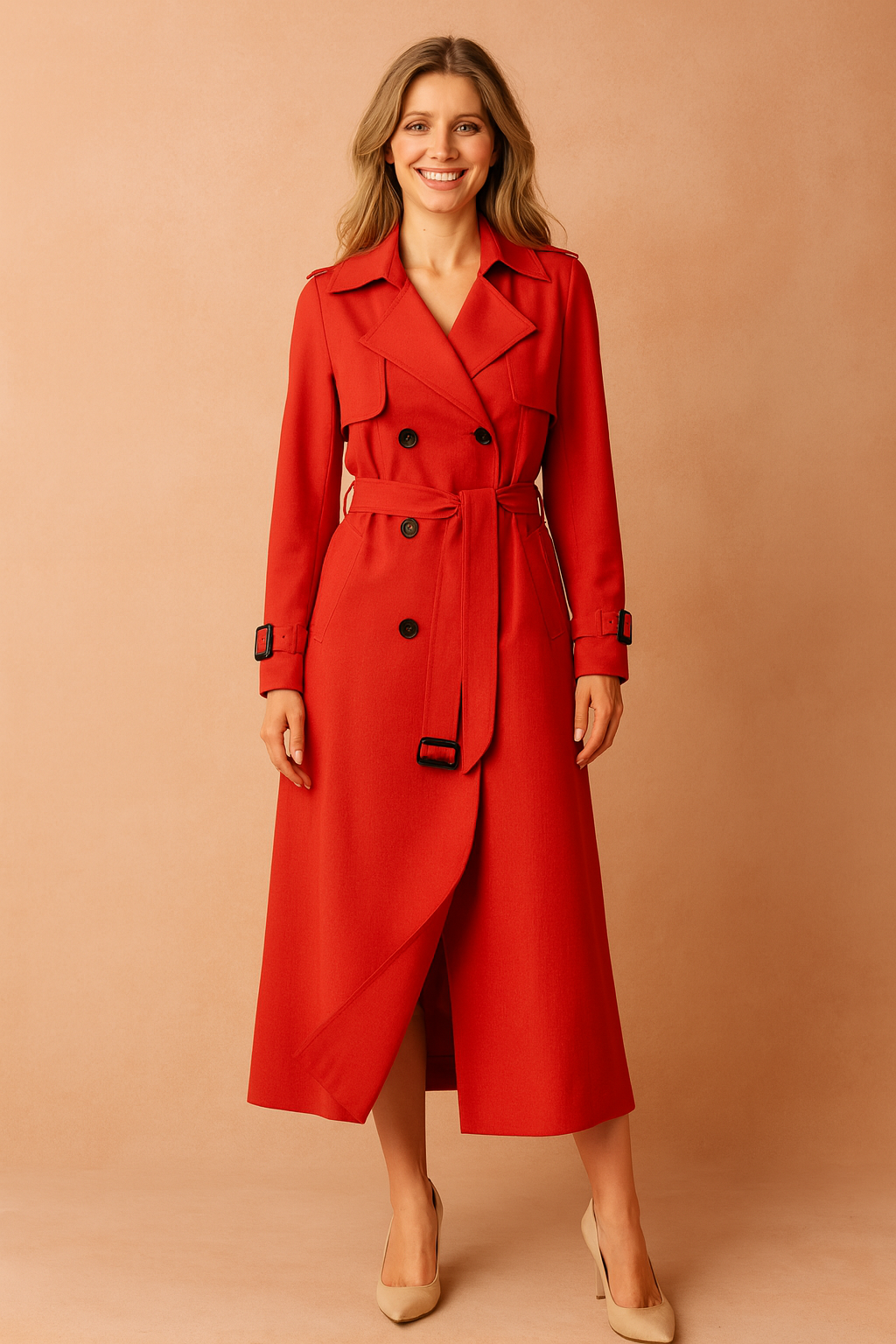 Women's classic belted trench coat in a stylish shade, featuring a sophisticated wide lapel for elegant fashion.