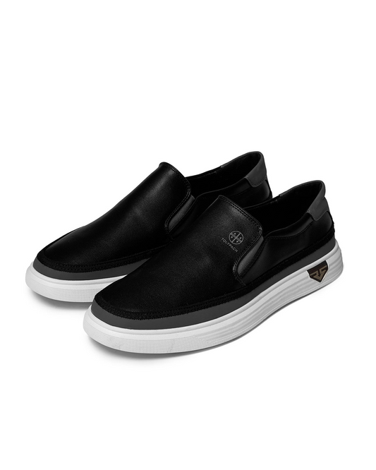Classic black leather slip-on shoes for men, perfect for everyday casual style & comfort.