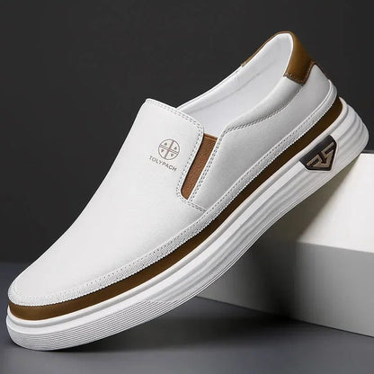 Man wearing versatile black leather slip-on shoes, suitable for smart casual fashion.