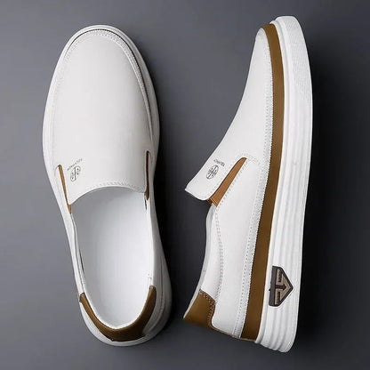 Men's classic white leather slip-on loafers, a comfortable and stylish choice for casual and everyday wear.