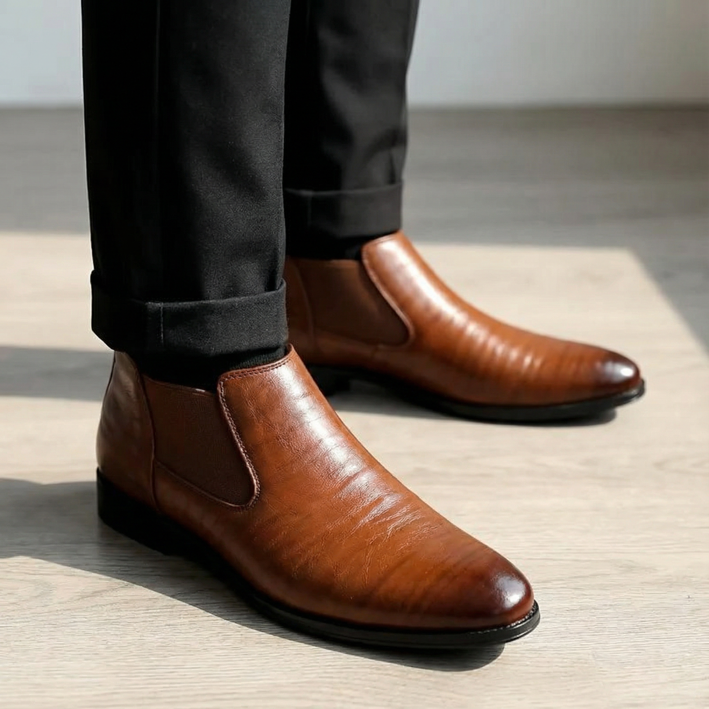 Men's classic tan leather Chelsea boots, comfortable slip-on design for everyday fashion.