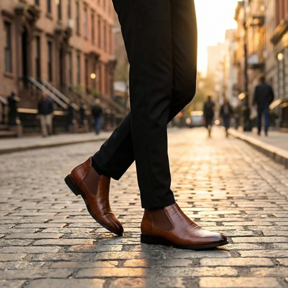 Elegant men's black leather Chelsea boots, ideal for smart casual or formal occasions.