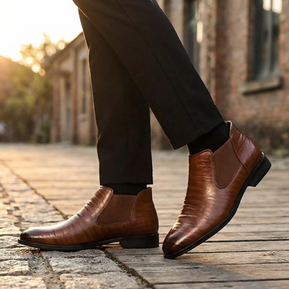 Premium men's dark brown leather Chelsea boots, showcasing quality craftsmanship and urban style.