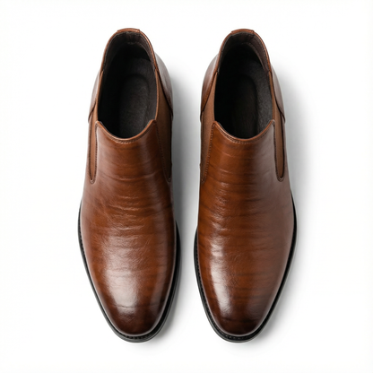 Front view of men's genuine leather Chelsea boots, designed for comfort and urban elegance.