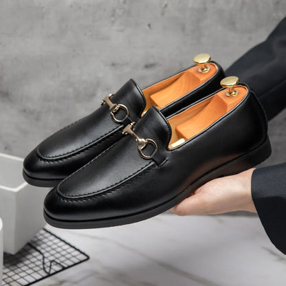 Classic black men's loafers for polished style, comfortable slip-on dress shoes.