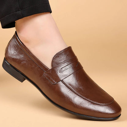 Men's formal brown leather slip-on dress loafers, perfect classic footwear for any professional setting.