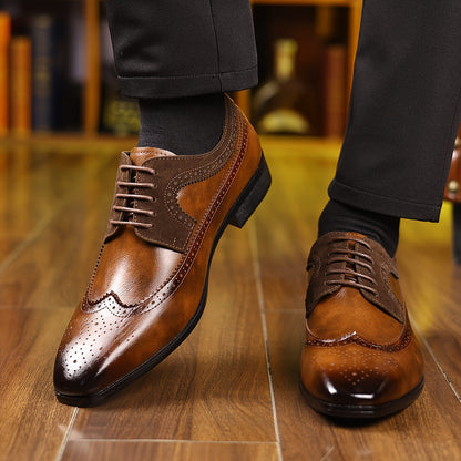 Men's two-tone Oxford brogue dress shoes, classic style, versatile formal footwear for elegant events.
